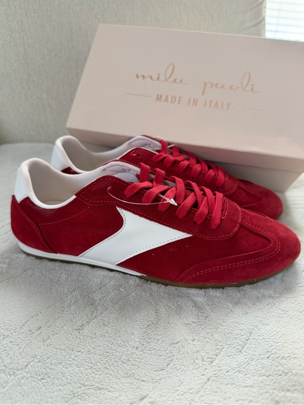 Mila Paoli Red Suede Sneakers with White Side Panel
